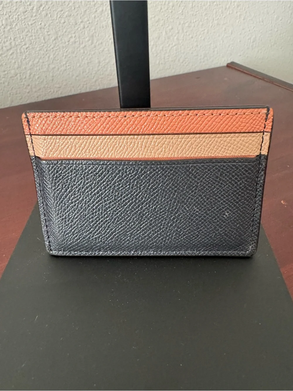 Coach Black, Tan and Coral Pebbled Leather Card Holder